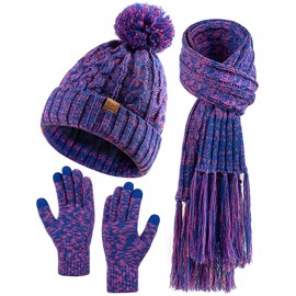 Women Winter Knit Warm Hat Beanie Scarf Gloves Set Pom Fleece Lined Hat with Touchscreen Gloves Dark Purple