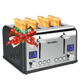 KitchMix Toaster 4 Slice, Bagel Stainless Toaster with LCD Timer, Extra Wide Slots, Dual Screen, Removal Crumb Tray (Gray)