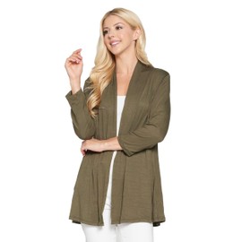 Women's 3/4 Sleeve Extra Soft Open Front Casual Flowy Viscose Made from Bamboo Cardigan - Made in USA (Large, Olive)
