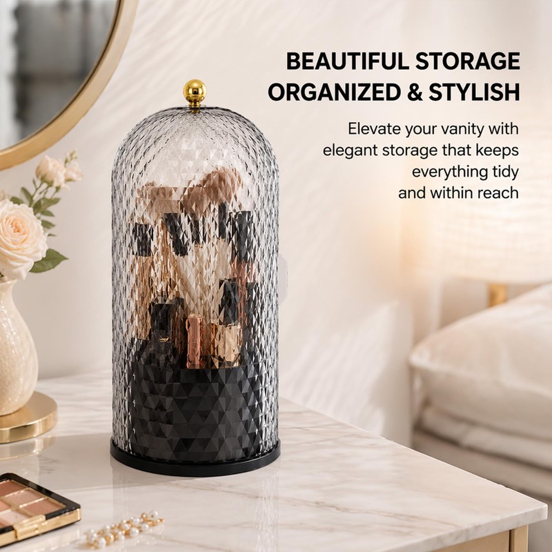 Makeup Brush Holder with Lid,3 Compartment Rotating Countertop