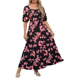 Lyrur Floral Maxi Dress with Pockets Casual Summer Smocked Sundress Puff Sleeve Square Neck Tiered Long Dresses(L,7017-Black Pink Floral)
