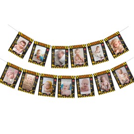 Sursurprise Construction 1st Birthday Party Supplies, Construction Photo Banner from Newborn to 12 Months, Dump Truck Excavator Vehicle First Birthday Decorations