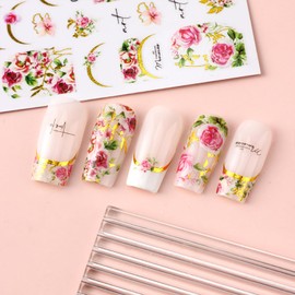 Flower Nail Art Stickers Women Spring Summer Embossed Floral Leaves Holographic Manicure Decals Self Adhesive DIY Decorations Supplies 5 Sheets