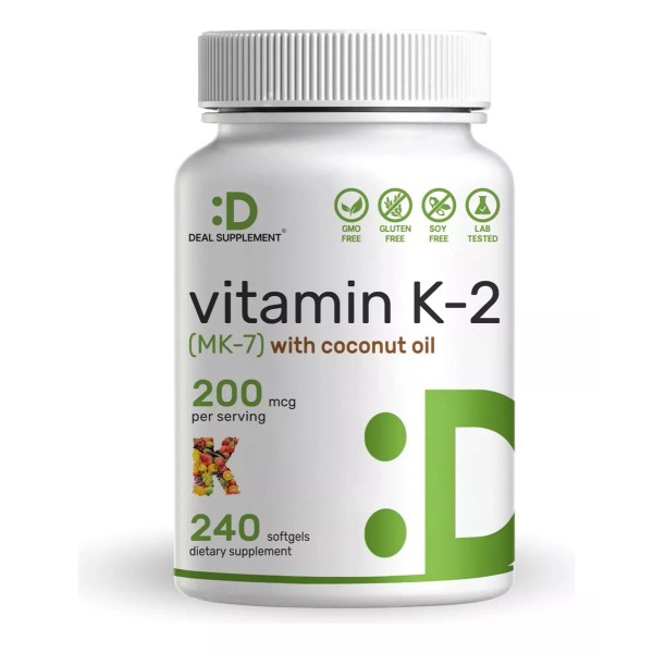 Deal Supplement Vitamina K2 Mk7 200 Mcg Con Aceite De Coco 240 Capsulas