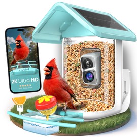 Bird Feeder with Camera Solar Powered - Smart Bird Feeder Camera 2K HD Live Stream, 5MP Photos, AI Identification for Backyard, 2.4Lb Large Capacity, Gifts for Mom Dad, Blue White