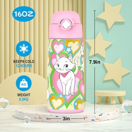 Ntswasd Girls Insulated Water Bottle with Covered Pop-Up Straw,16 oz Kids Cups with Stainless Steel Leak Proof for School Pink（Cat）