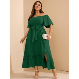 Summer Maxi Dress, Women's Green Formal Dress for Cocktail Wedding Guest Evening Party V Neck Off The Shoulder Boho Lace Trim Dresses with Belt 2X-Large