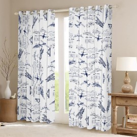 Feelyou Aircraft Darkening Dreapes Kids Airplane Print Curtains for Bedroom Living Aircraft Flying 30%-50% Blackout Curtains Sketch Style Blue White Window Treatments (2 Panels, 42 x 84 Inch)