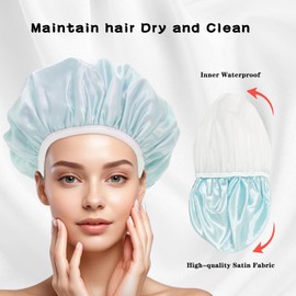 my novel things Shower Cap Reusable Waterproof 3PC with Exfoliating Bath Glove 3 Pairs, Large Shower Caps for Women Satin Lined Long Hair Locs Curly All Hair