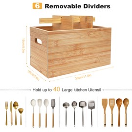 yazi Extra Large Bamboo Utensil Holder for Kitchen Counter - 6 Compartment Silverware Organizer with Natural Drying Stone, Rustic Farmhouse Decor for Home Chefs