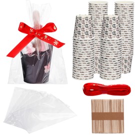 Vesici 50 Set Christmas Hot Chocolate Sticks Making Kits with Paper cups Wooden Sticks Gift Bags Ribbon for Holidays, Birthdays, Thanksgiving, Christmas, Hanukkah, Cocoa Bomb Lovers