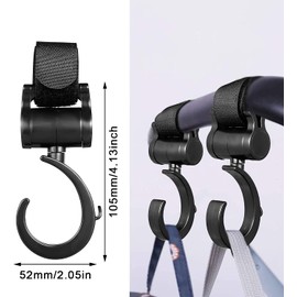 Stroller Hook, Multi-Hook, Stroller, Luggage Hook, 360° Rotation, Velcro Included, Anti-Slip, Easy to Use, Travel Hook, Universal, Multi-functional, Black, Set of 2