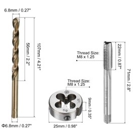 Boxonly Tap and Die and Drill Bit Set,M8x1.25 Left Hand Thread Milling Tap and Round Die,6.8mm Cobalt High Speed Steel Twist Drill Bit
