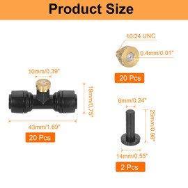 sourcing map 20Pcs Misting Nozzles Kit, 10/24 UNC 0.4mm Orifice Brass Mister Nozzle with Misting Nozzle Tees for 1/4 Inch PE PU Tubing for Outdoor Cooling System