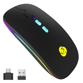 CC Store - mouse Bluetooth inalámbrico LED y conexión instantánea de 2,4 GHz, recargable ultra silencioso, 3 modos de conexión DPI ajustables 2 con adaptador USB-C a USB para computadora portátil,