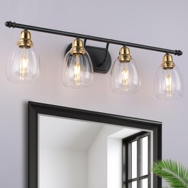 She's home 30Inch Black Gold Vanity Light for Bathroom 4 Lights, Bathroom Wall Light Fixture Over Mirror with Glass Shade