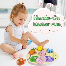 Easter Wooden Peg Puzzle for Toddlers 1 2 3 Years, 6 Colors & Shape Matching Pieces, Montessori Educational Learning Toys Easter Basket Stuffers