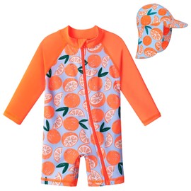 Toddler Girls One Piece Rash Guard Swimsuit Kid Swimwear Sun Suit Short UPF 50+ Sun Protection with Sun Hat