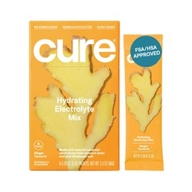 Mezcla de electrolitos hidratantes Cure | Polvo de electrolitos para alivio de la deshidratación | Hecho con agua de coco | Sin azúcar añadida | Vegano | Apto para paleo | Caja de 8 paquetes de hidratación - Sabor a cúrcuma de jengibre
