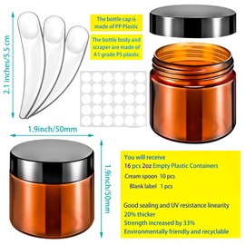 MotBach 16 Pack 2oz Amber Plastic Jars, 60ml Empty Small Round Cosmetic Jars Refillable Makeup Containers Leakproof Travel Cosmetic Containers with Black Lids for Sample Cream Lotion Powder Ointment
