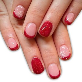 Christmas Snowflake Press on Nails Sparkly French Tips Acrylic Fake Nails Short Square Glossy Red Glitter False Nails Snowing Stick on Nails Xmas Gel Glue on Nails for Coquette Women Girls 24 Pcs