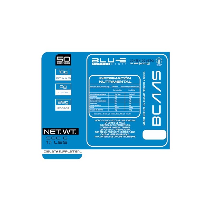 Blu-e Bcaas Aminoácidos 50 Servicios 500 G Sabor Limon