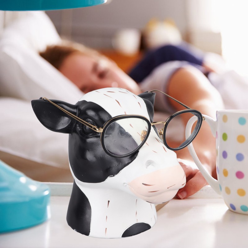 Black White Cow Head Wearing Glasses Statues Resin Stable Glasses