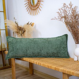JoraLion Chenille Lumbar Pillow Cover 14x36 inch Trimmed, Green Boho Knitting Textured Soft Cushion Cover Modern Farmhouse Pillowcase Home Decor for Sofa Bed Room Livingroom, Cover Only