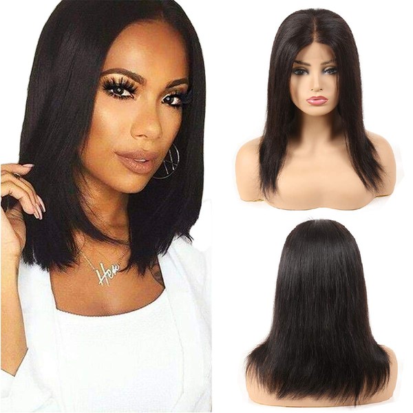 ALISFEEL Unprocessed Human Hair Wigs Glueless Brazilian Straight Lace Front Human Hair Wig for Black Women 4x4 Inch Lace Closure Wigs (1B, 12", 150%)