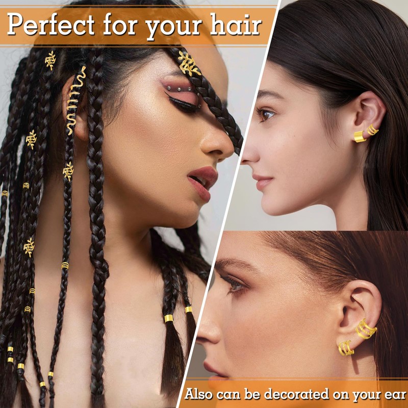 WD&CD 53 Stück Gold-Haarschmuck, Dreadlocks Schmuck, Metall-Gold-Zöpfe Dreadlock-Zubehör Haarspiralen Clips