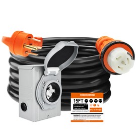15 ft 50 Amp Generator Cord and Power Inlet Box [Pre-drilled],125/250V RV Extension Cord NEMA 14-50P to SS2-50R with Twist Lock Connector & SS2-50P Generator Inlet for RV Truck Trailer