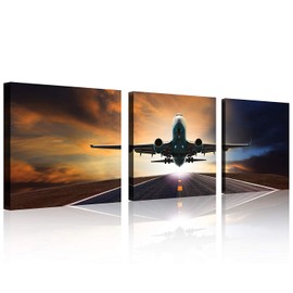 TutuBeer 3 Panels Vintage Plane Picture Aviation Art Airplane Decor Vintage Airplane at Sunset Plane Print Aircraft Prints Stretched and Framed Aircraft Decorations for Home Decor, 3 Pcs/Set