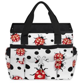 Ladybug With Dots Garden Tool Bag Heavy Duty Oxford Gardening Tool Tote Bag Waterproof White Black Garden Tool Storage Bag with Handle & 10 Pockets for Women Men Gardening Gifts