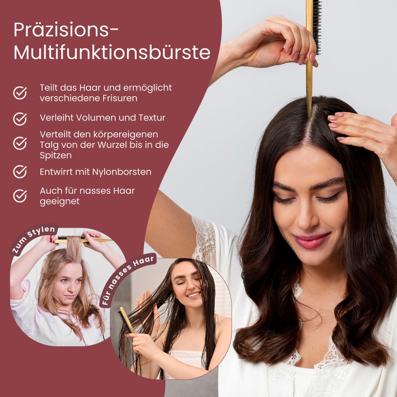 BICTIVE® Set von 2 Wildschweinborsten Bürsten mit Toupierkamm. Naturhaarbürste, Sleek
