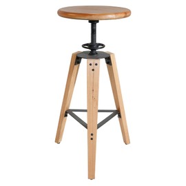 LOKKHAN Adjustable Height Swivel Bar Stool - Industrial Rustic Style, Solid Oak Wood Seat and Frame, 24.8"-28.7", Natural Finish, Anti-Slip Pads - Perfect for Kitchen, Bar, Counter, Home - Heavy Duty