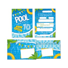 Minkocards 12 Invitation Cards for 10th Children's Birthday Swimming Pool Boys Girls Invitation 12 Envelopes 12 Party Bags Petrol Blue 12 Stickers 12 Bookmarks