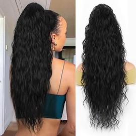 100% Human Hair Drawstring Ponytail Extension Curly Wave in Natural Color 1B Corn Wave Ponytail Clip in Extensions for Black Women (Curly Hair, 24 inch)