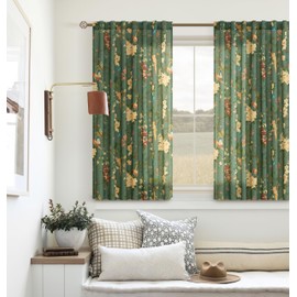 Dark Green Linen Floral Bird Short Kitchen Curtains Back Tab 54 Inch Length 2 Panels Sheer Light Filtering Boho Cottage Farmhouse Flower Printed Window Drapes for Cafe Laundry Room Olive Green