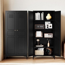 Letaya White Storage Cabinet with Feets-Metal Home Kitchen Pantry Cabinets with Doors and Adjustable Shelves,Organization Locker for Cupboard/Bedroom/Dining/Living/Bathroom/Office/Garage Room - Color: Black