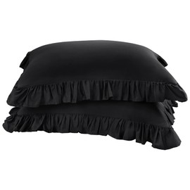 PiccoCasa Pillow Cover, Envelope Type, 100% Cotton, Stylish, Suitable for All Seasons, Soft, Breathable, Ruffle, Comfortable, Set of 2, Black, 19.7 x 25.6 inches (50 x 65 cm)