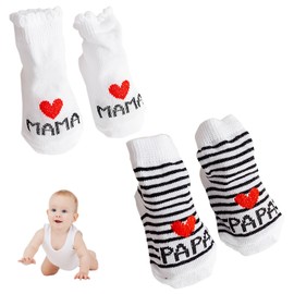 Baby Socks Shoes, 2 Pairs Soft Knitted Socks with Cartoon Motif, I Love Mum + I Love Dad, Non-Slip Stopper Socks for Toddlers, Girls and Boys, White