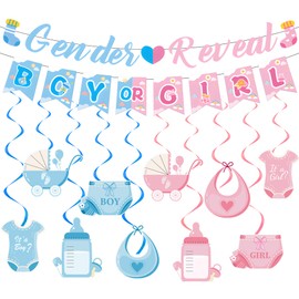 Baby Shower Gender Reveal Decoration - 12 Pcs Pink and Blue Boy or Girl Banners, Gender Reveal Letter Banner, Bottle Hanging Swirls for Boys Girls Baby Shower Party Supplies