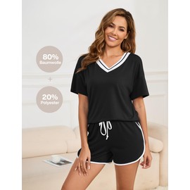 Becotal Women's Short Pyjamas Summer Shorty Sleepwear Cotton Loungewear Outfit V-Neck Leisure Suit Two Piece Set Women Pyjamas Short Sleeve, black