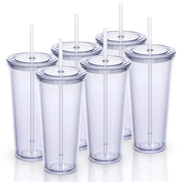 Zephyr Canyon 24oz Double Wall Plastic Tumblers with Lids and Straws | Large Classic Travel Tumbler | 6 Pack Set of 6 | Clear Reusable Cups with Straws | BPA Free