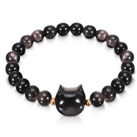 ueslwser Cat Black Obsidian Bracelet, Cat Crystal Bracelet, Crystal Cat Bracelet Good Luck for Women Men, Healing Crystal Bracelet for Women Men Inc Gift Box