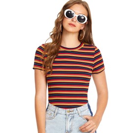 Milumia Women's Casual Multi Striped Ribbed Knit Short Sleeve Tee Knit Top Tshirt Multicolor Red X-Large