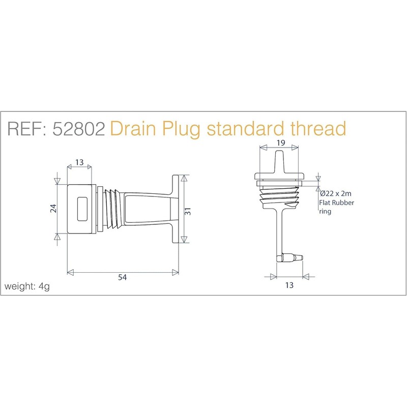 H2o Kayaks Quality Kayak/Boat Drain Plug long standard thread with