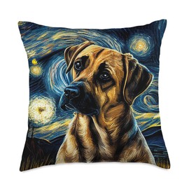 Black Mouth Cur in Starry Night Painting Dog Mom Dad Throw Pillow