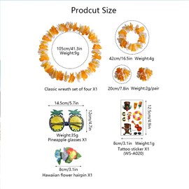 XFSRG Hawaii Necklace 7-Piece Flower Chain Set with Lei Headband Bracelet Hair Clips Pineapple Sunglasses Tattoos Decoration for Hawaiian Party Beach Party (Orange)