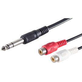 1aTTack.de 5 x 0.2 m Black Jack Plug 6.3 mm to 2 x RCA Female Audio Cable, Moulded Plugs, Nickel-Plated Contacts, Ideal for HiFi Systems and Audio Applications